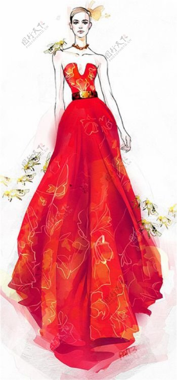 红色花纹长裙礼服设计图