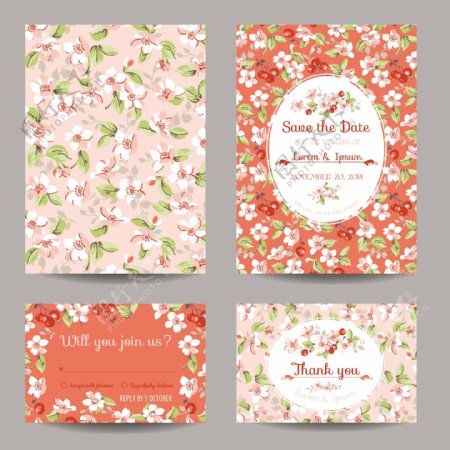 粉色植物花朵婚礼贺卡模板下载