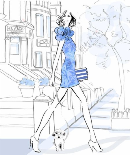 蓝色花纹连衣裙设计图