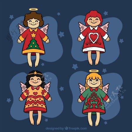 4款卡通微笑圣诞天使设计矢量素材