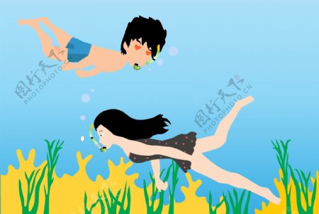 卡通矢量情侣海底世界游泳秀恩爱与爱情