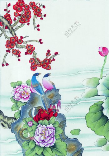 荷塘花卉与小鸟图片
