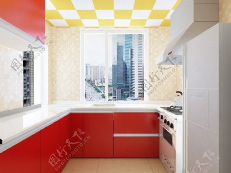 红色橱柜厨房模型