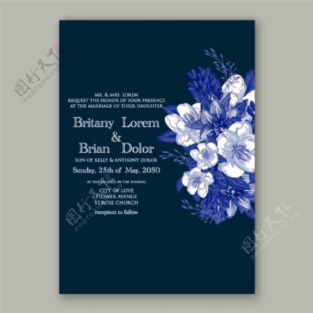 蓝色花朵婚礼请贴图片