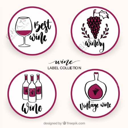 手绘四个圆形葡萄酒标签