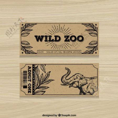 老式动物园门票用手拉的大象和树叶