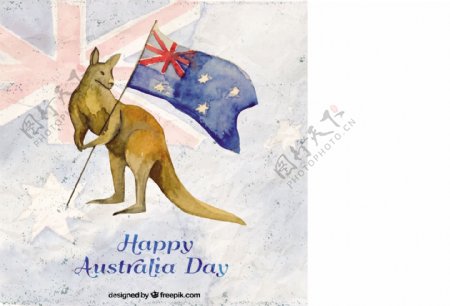袋鼠与国旗在快乐澳大利亚日的背景