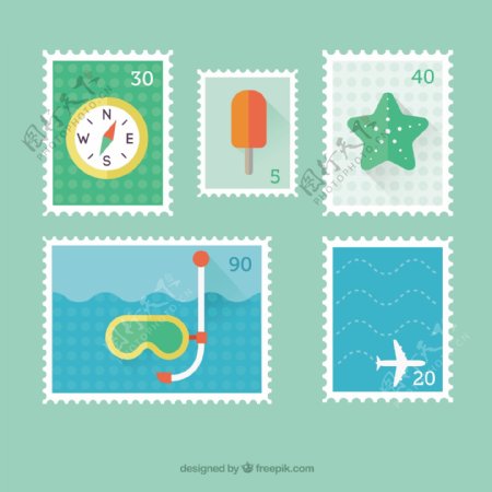 各种各样的扁平夏季邮票