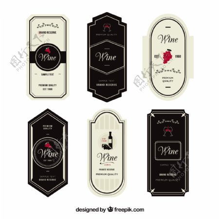 六个优雅的红色的细节葡萄酒标签
