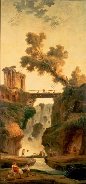 小桥瀑布风景油画写生图片