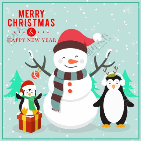 企鹅与雪人圣诞节插画