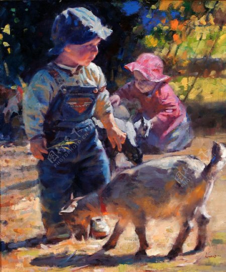 小羊与小男孩油画图片