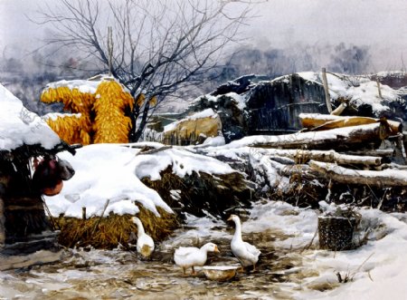 油画乡村雪景图片