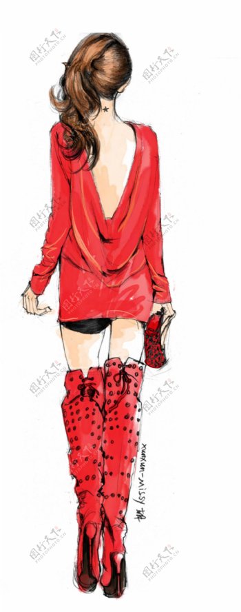 红色露背连衣裙设计图