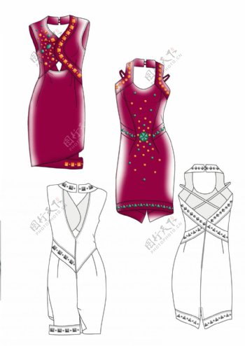 玫红色连衣裙设计图