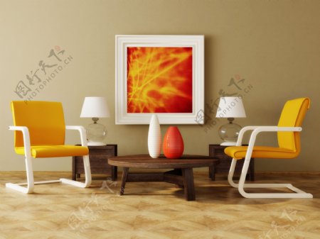 黄色座椅茶几和装饰画图片