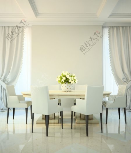 桌子上的鲜花和白色椅子图片