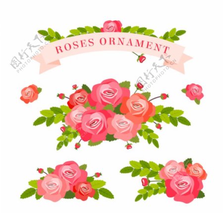 3款美丽玫瑰花束和丝带矢量素材