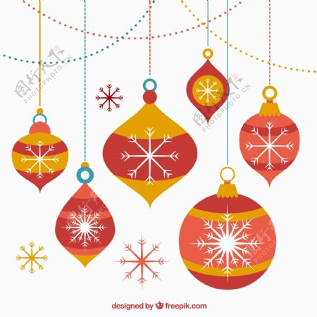 彩色圣诞吊球和雪花贺卡矢量图