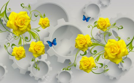 3D齿轮黄玫瑰梦幻花朵背景墙