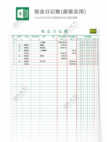 现金日记账超级实用Excel模板