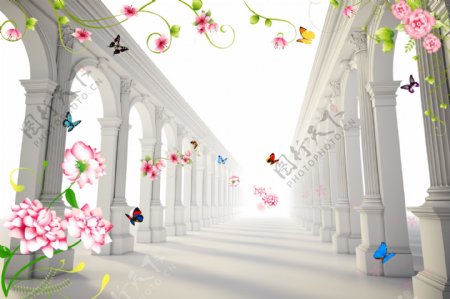 3D空间花卉蝴蝶背景墙