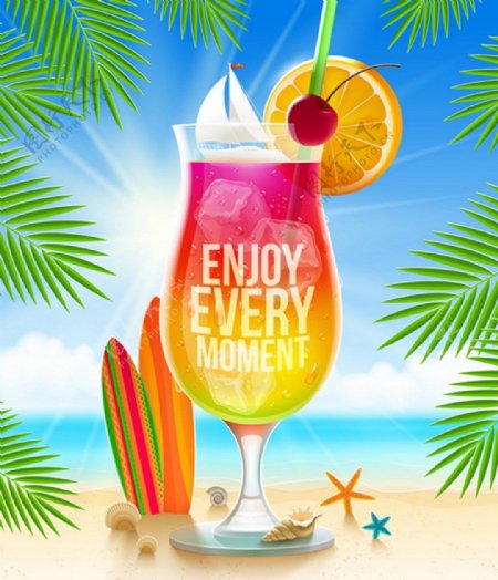 夏日暑假海滩橙子汁背景图