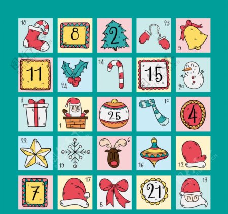 日历与手绘典型圣诞元素