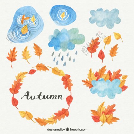 秋季落叶和云朵矢量