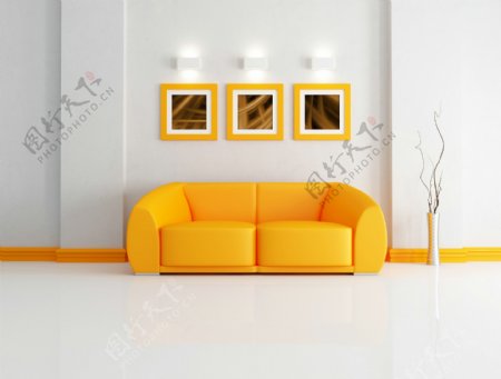 时尚黄色沙发与装饰画