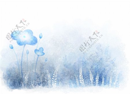 蓝色水彩树叶插画图片