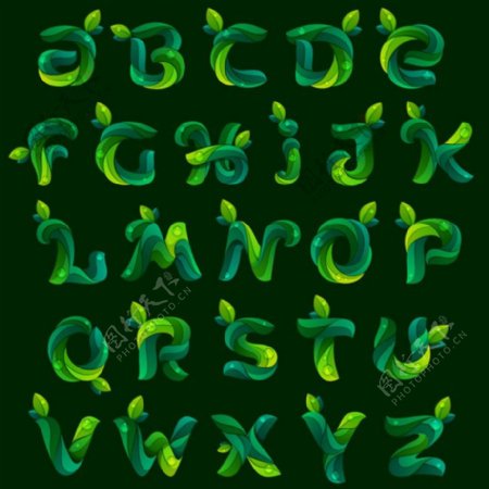 26个绿色树叶字母矢量素材