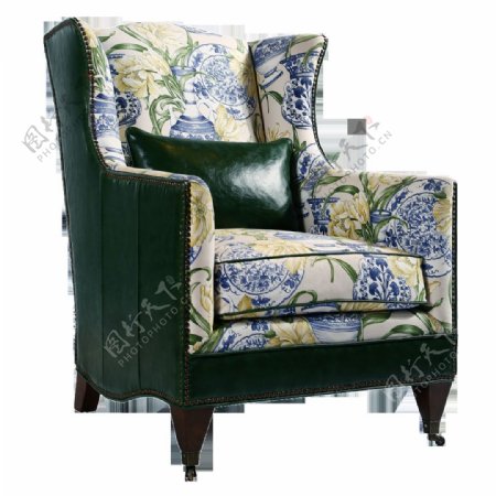 可椅椅子高级定制白底青花瓷布绿皮单椅