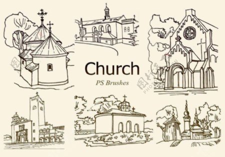 20种手绘线框样式教堂房子造型PS笔刷下载