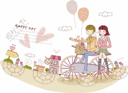 彩绘骑单车的情侣插画矢量素材