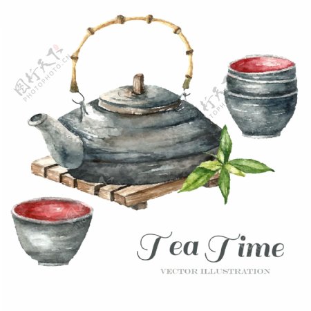 水彩绘茶壶和茶杯矢量素材