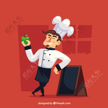 拿着苹果靠着黑板的厨师人物插图红色背景