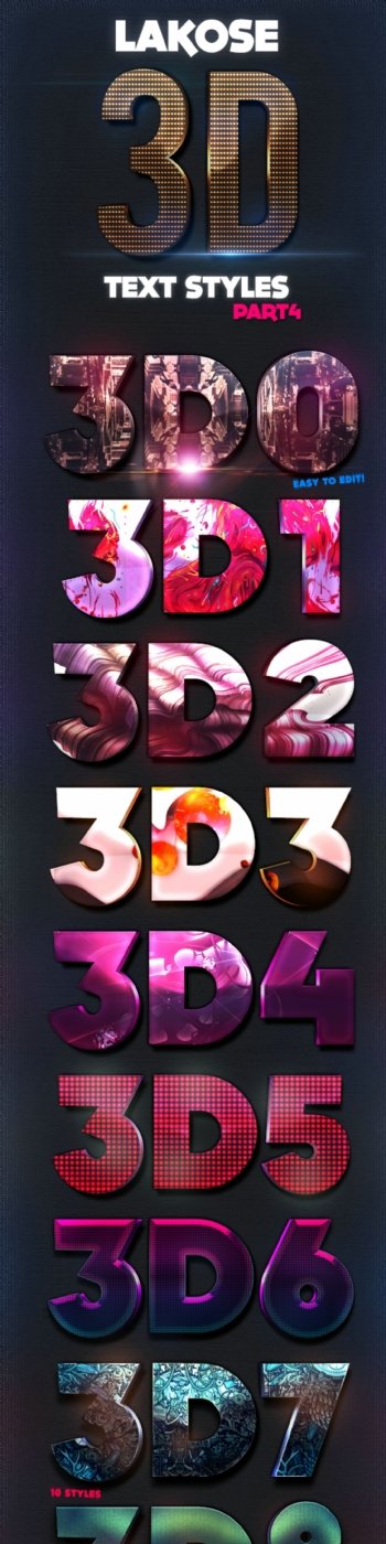 10款水彩和花纹图案3D立体字PS样式
