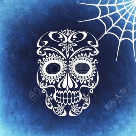 骷髅和交叉骨蜘蛛网背景蓝色