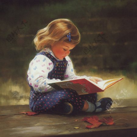 小孩子看书油画