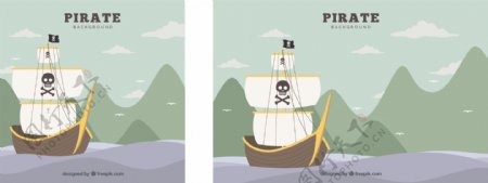 海盗船与山水风景背景