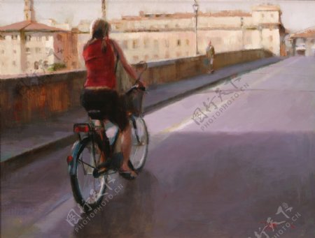 骑自行车的美女油画图片