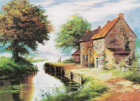 河流房屋油画图片