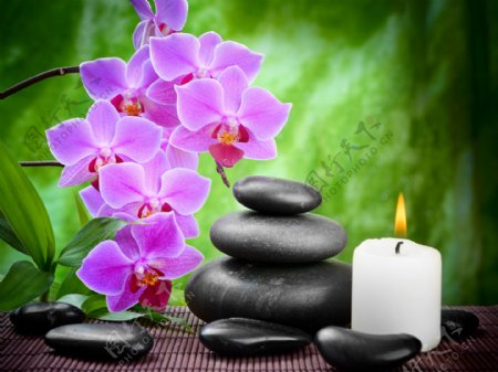 黑色鹅卵石蜡烛和兰花图片