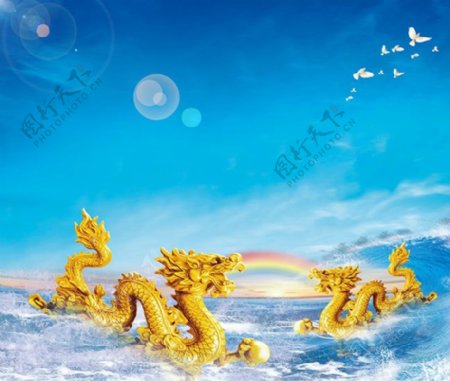 双龙戏珠海上彩虹桥图片设计psd素材