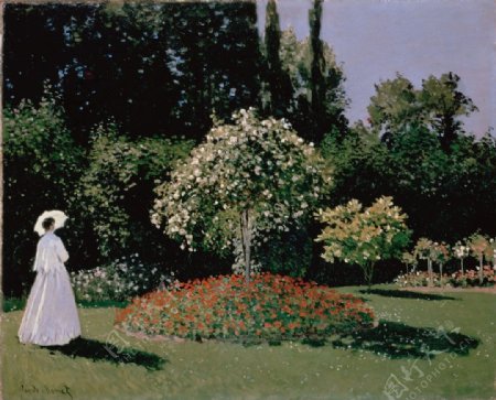 花园里的女人油画图片