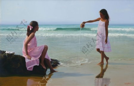 海滩上的小女孩油画图片