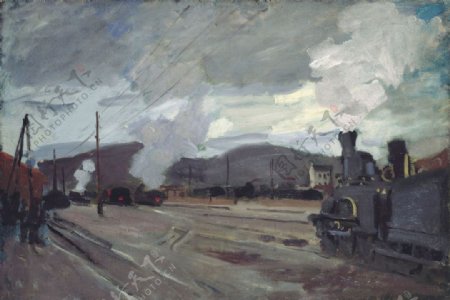 火车站风景油画图片