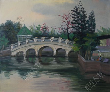 拱桥风景油画图片