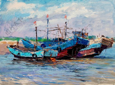 渔船风景油画图片